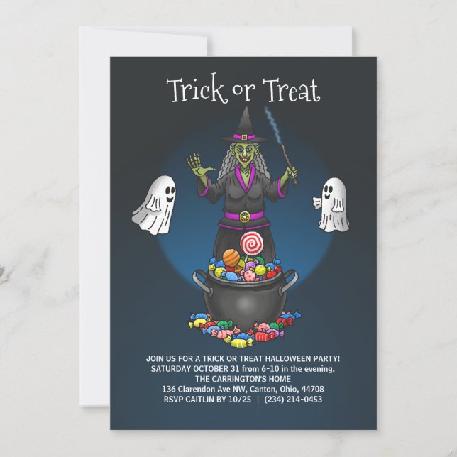 Invitación Fiesta de Halloween con truco de brujas y fantasma (Anverso)