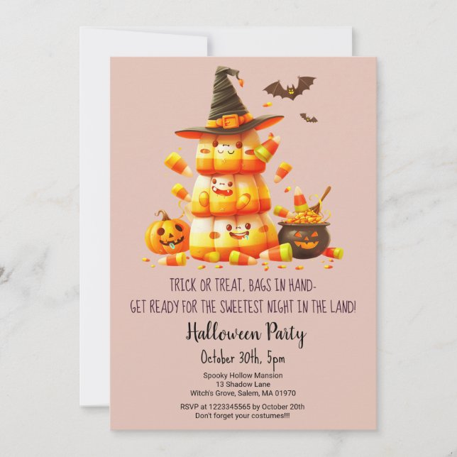 Invitación Fiesta de Halloween con truco de maíz dulce o cala (Anverso)