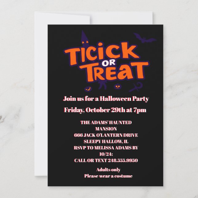 Invitación Fiesta de Halloween con trucos (Anverso)
