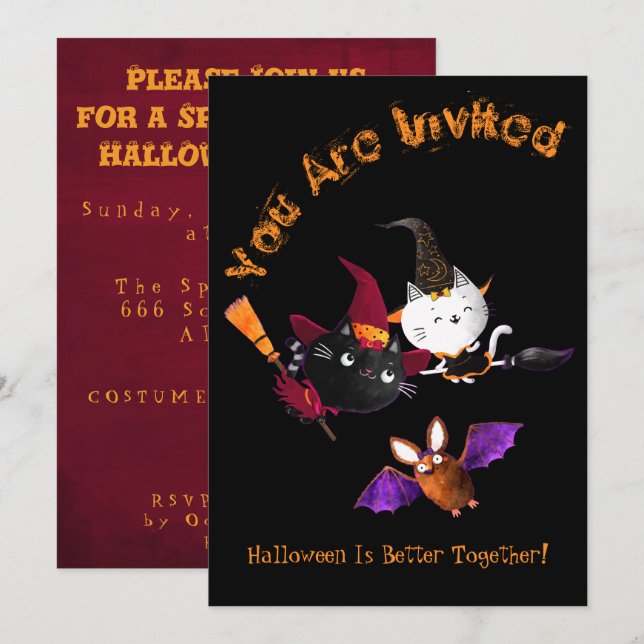 Invitación Fiesta de Halloween Cum Witch Cats Brooms Bat Kett (Anverso / Reverso)