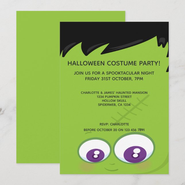 Invitación Fiesta de Halloween Cute Green Frankenstein (Anverso / Reverso)