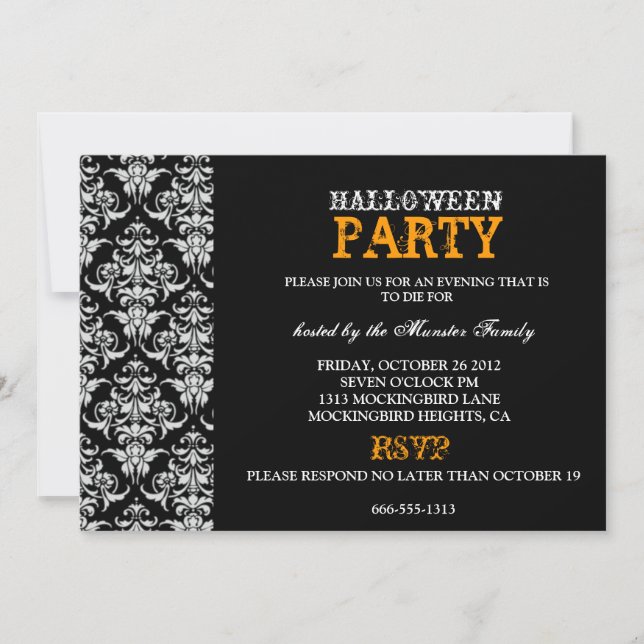 Invitación Fiesta de Halloween - damasco gótico negro (Anverso)