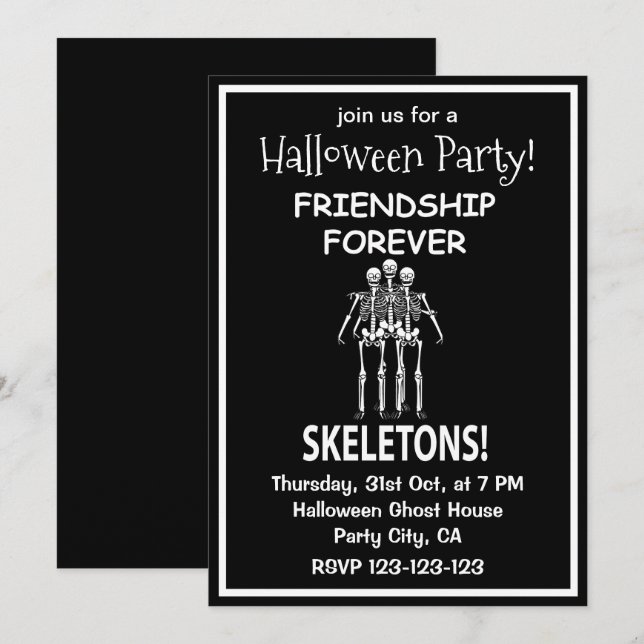 Invitación Fiesta de Halloween de Amistad de Esqueleto para S (Anverso / Reverso)