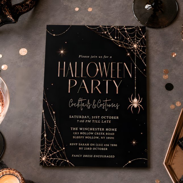 Invitación Fiesta de Halloween de Araña de Oro Rosa (Subido por el creador)