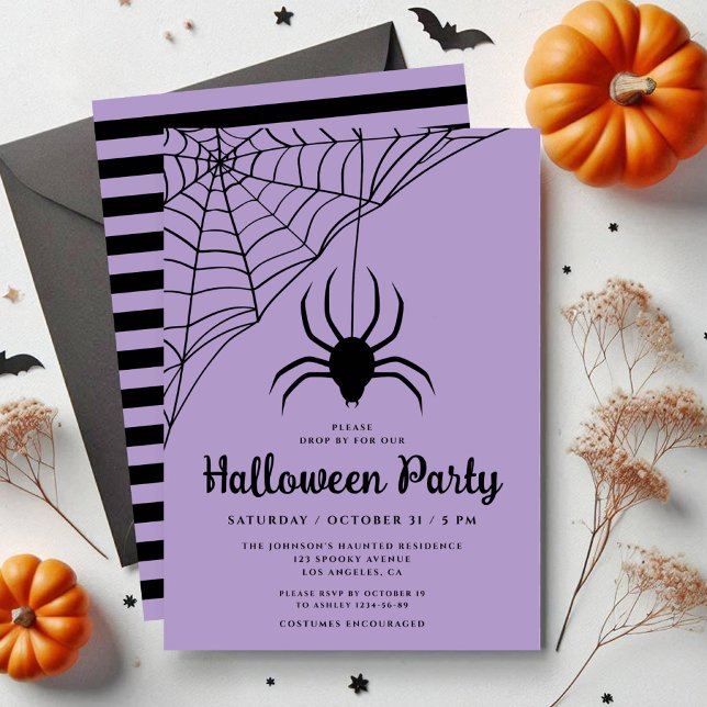 Invitación Fiesta de Halloween de Araña Negra Adorable (Cute Black Spider Halloween Party Invitation)