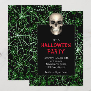 Invitación Fiesta de Halloween de Araña Verde de Cráneo Gótic