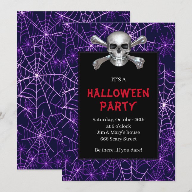 Invitación Fiesta de Halloween de Araña Violácea de Calavera  (Anverso / Reverso)