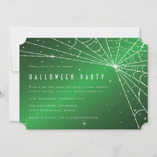 Invitación Fiesta de Halloween de arañas de diamantes verdes  (Anverso)