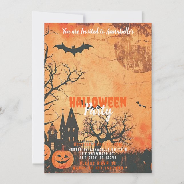 Invitación Fiesta de Halloween de Aves Negras de Luna Llena (Anverso)