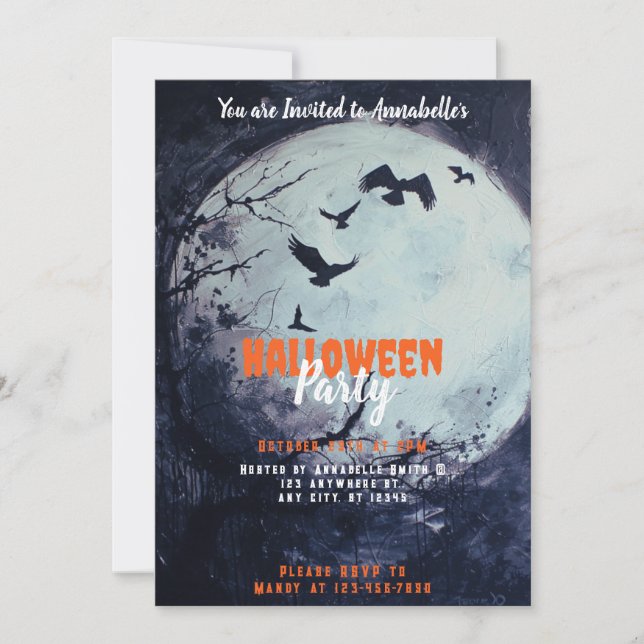 Invitación Fiesta de Halloween de Aves Negras de Luna Llena (Anverso)