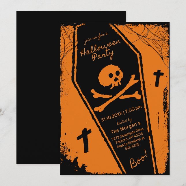 Invitación Fiesta de Halloween de Black & Naranja (Anverso / Reverso)