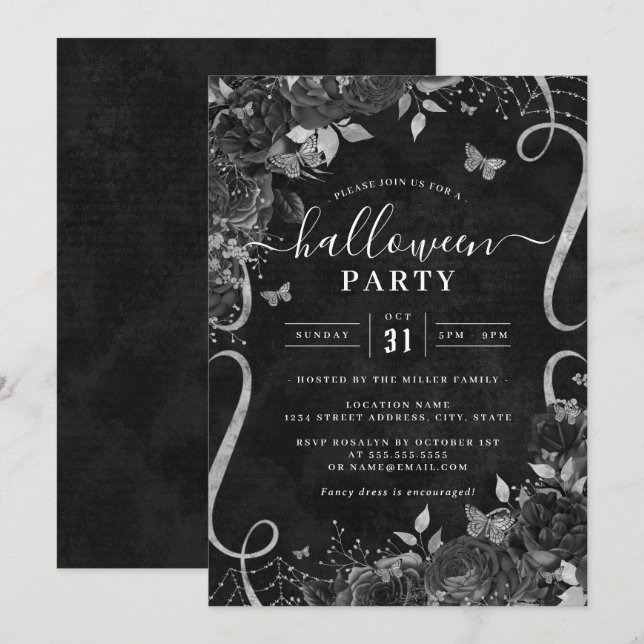 Invitación Fiesta de Halloween de Black Spooky Floral Scroll (Anverso / Reverso)