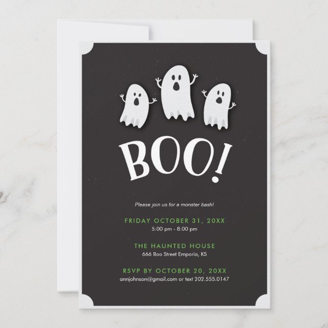 Invitación Fiesta de Halloween de Boo Ghost Kid (Anverso)