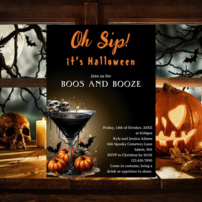 Invitación Fiesta de Halloween de Boos & Booze Oh Sip Black M (Subido por el creador)