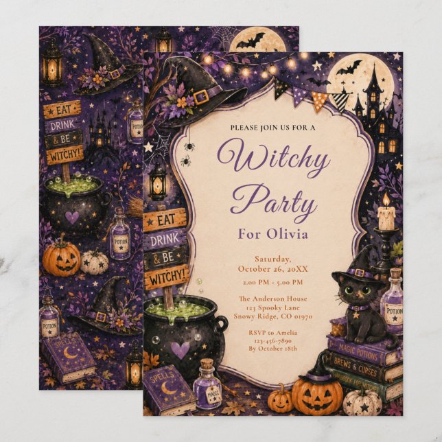 Invitación Fiesta de Halloween de Bruja Adorable (Anverso / Reverso)