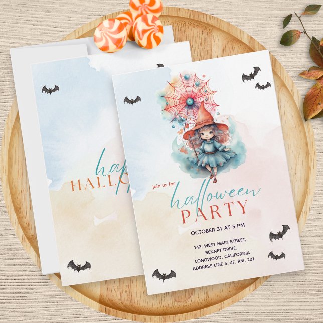 Invitación Fiesta de Halloween de Bruja Rosa Colorida Pastel  (Subido por el creador)