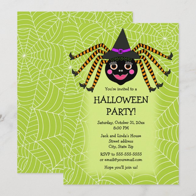 Invitación Fiesta de Halloween de brujas arañas (Anverso / Reverso)