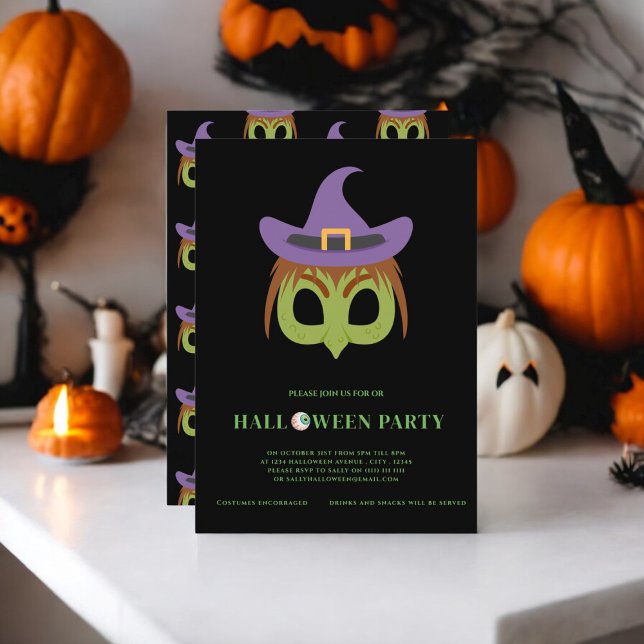 Invitación fiesta de halloween de brujas de disfraces para ni (kids costume spooky witch halloween party invitation )