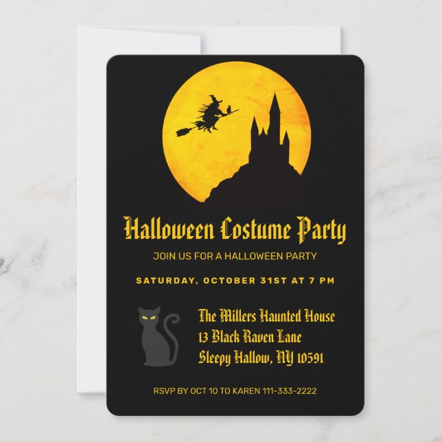 Invitación Fiesta de Halloween de Brujas Voladoras (Anverso)