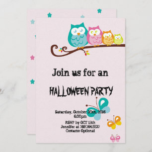 Invitación fiesta de Halloween de búho y mariposa dulce