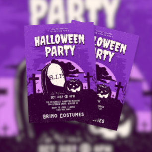 Invitación Fiesta de Halloween de Calabaza con Lápida de Ceme