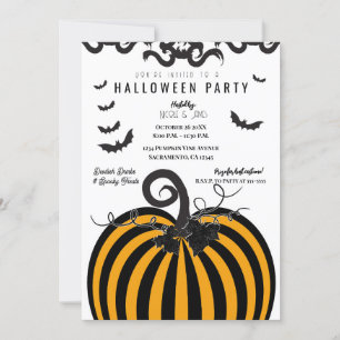 Invitación Fiesta de Halloween de Calabaza y Murciélagos Negr