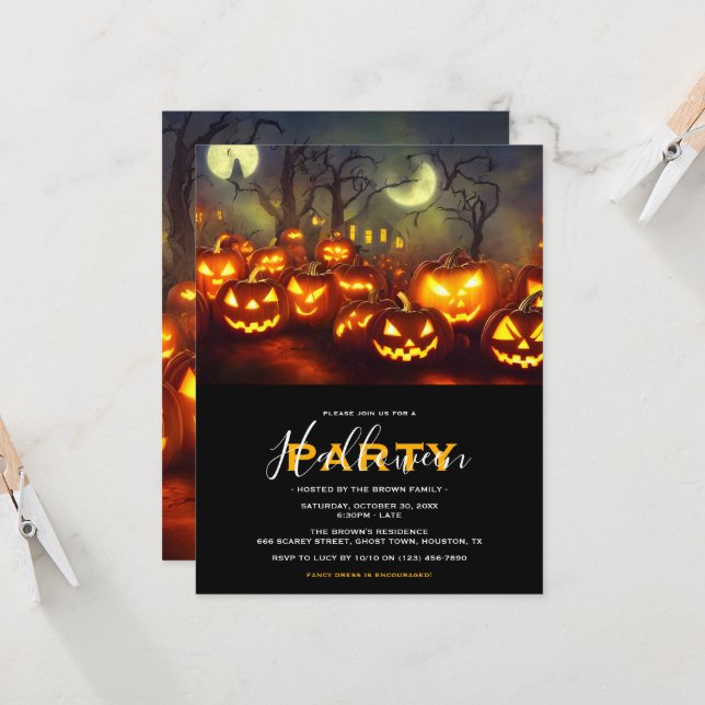 Invitación Fiesta de Halloween de calabazas y lunas (Anverso/Reverso In Situ)