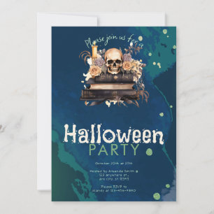 Invitación Fiesta de Halloween de Calavera sobre Libros con R