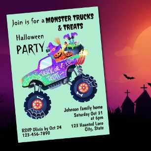 Invitación Fiesta de Halloween de Camión Monstruo y Golosinas
