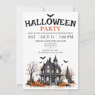 Invitación Fiesta de Halloween de Casa Embrujada con Acuarela