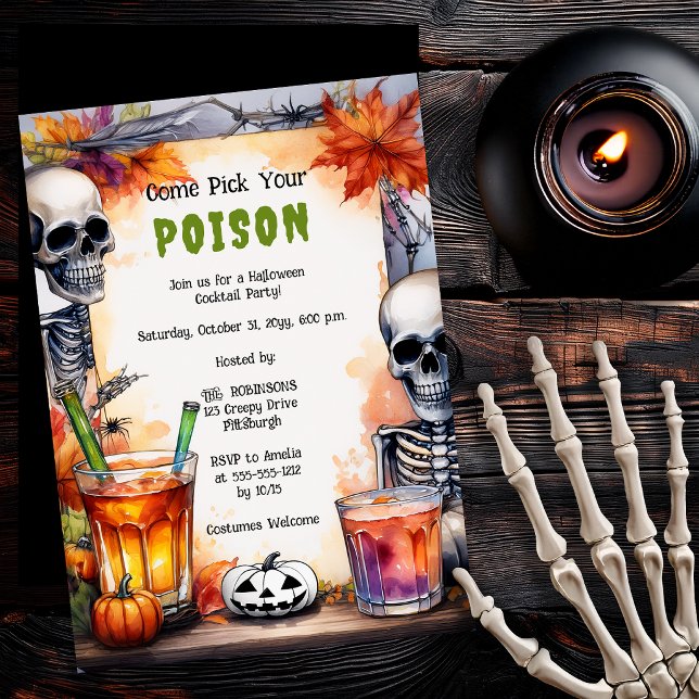 Invitación Fiesta de Halloween de cóctel de veneno de esquele (Vintage skeleton poison cocktail Halloween party invitation)