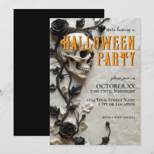 Invitación Fiesta de Halloween de cráneo 3D y rosas negras
