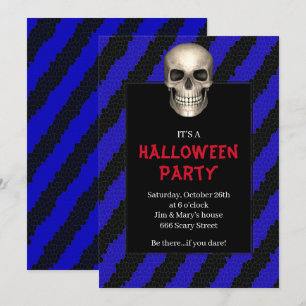 Invitación Fiesta de Halloween de cráneo azul con franja góti