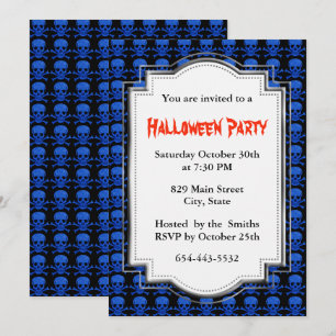 Invitación Fiesta de Halloween de cráneo azul y huesos cruzad