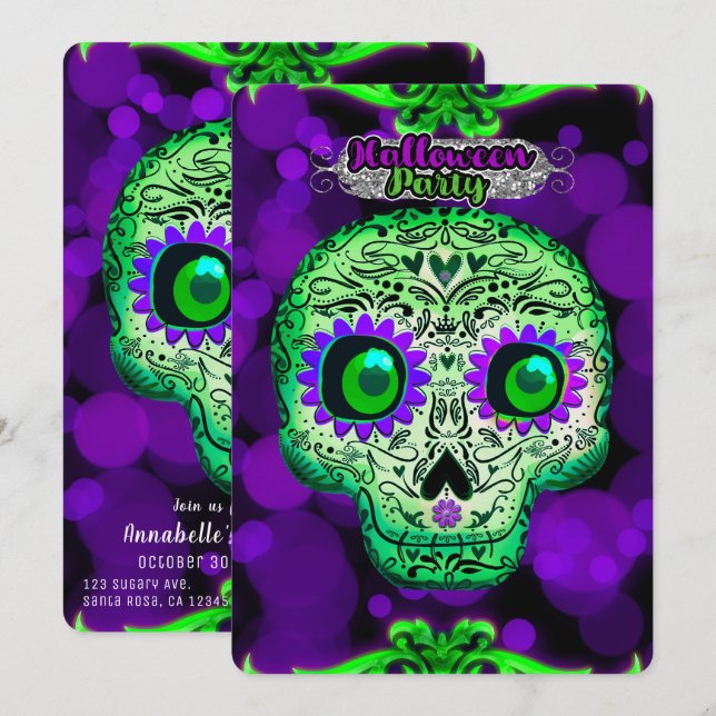 Invitación Fiesta de Halloween de cráneo brillante verde y mo (Anverso / Reverso)