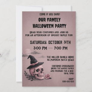 Invitación Fiesta de Halloween de cráneo de bruja vintage y r