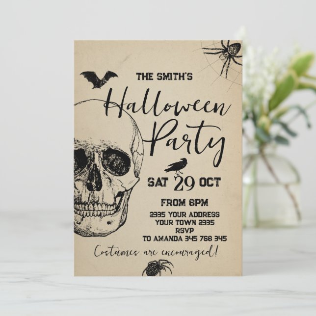 Invitación Fiesta de Halloween de cráneo  Espeluznante (Anverso de pie)