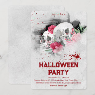Invitación Fiesta de Halloween de cráneo floral acuarela góti