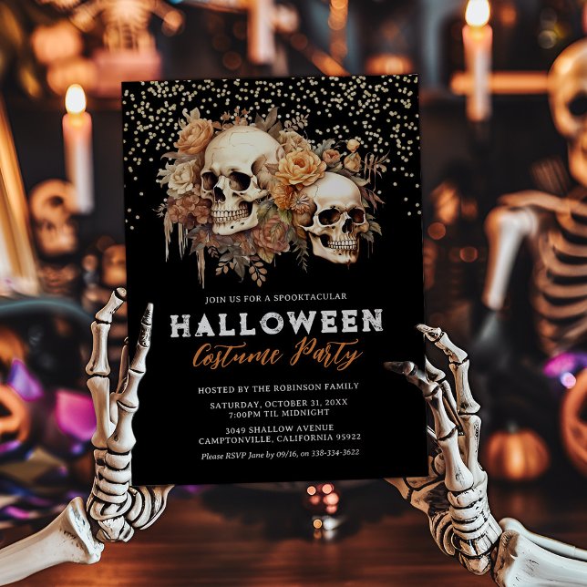 Invitación Fiesta de Halloween de cráneo floral elegante (Subido por el creador)