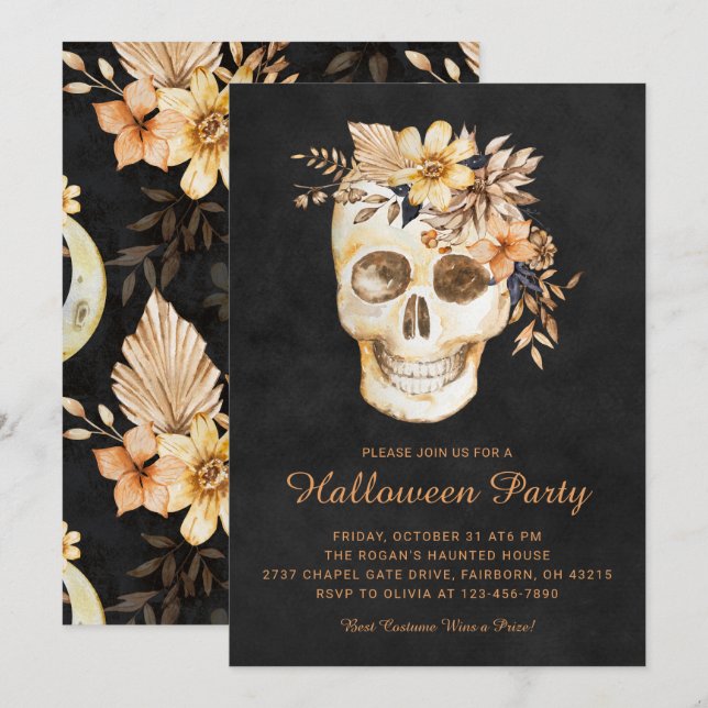 Invitación Fiesta de Halloween de cráneo floral rústico (Anverso / Reverso)