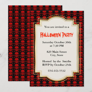Invitación Fiesta de Halloween de Cráneo Rojo y Huesos Cruzad