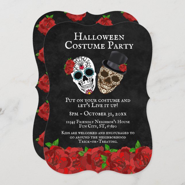 Invitación Fiesta de Halloween de cráneos de azúcar y rosas r (Anverso / Reverso)