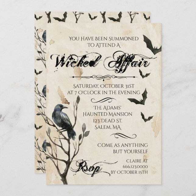Invitación Fiesta de Halloween de Cuervo y Murciélagos con Ac (Anverso / Reverso)