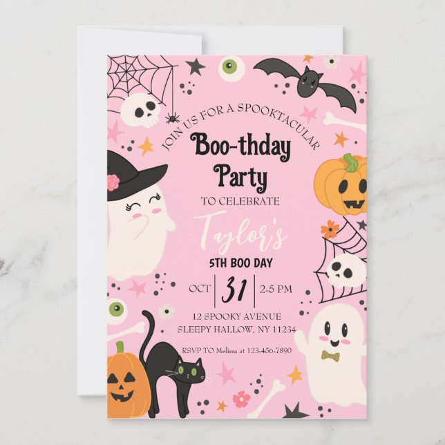 Invitación Fiesta de Halloween de Cumpleaños de la Retro Rosa (Anverso)