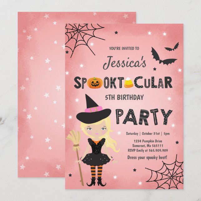 Invitación Fiesta de Halloween de cumpleaños invitan a Brujas (Anverso / Reverso)