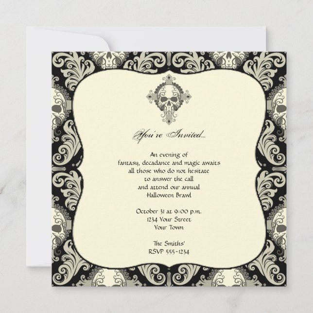 Invitación Fiesta de Halloween de Damask con calavera gótica (Anverso)