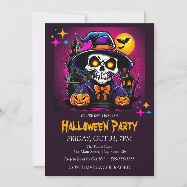 Invitación Fiesta de Halloween de Disfraces de Esqueleto (Anverso)