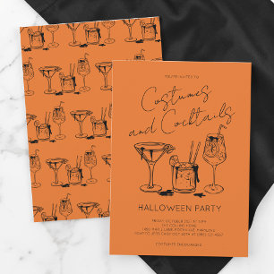 Invitación Fiesta de Halloween de disfraces y cócteles naranj