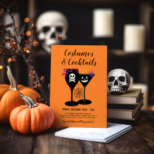 Invitación Fiesta de Halloween de disfraces y cócteles naranj