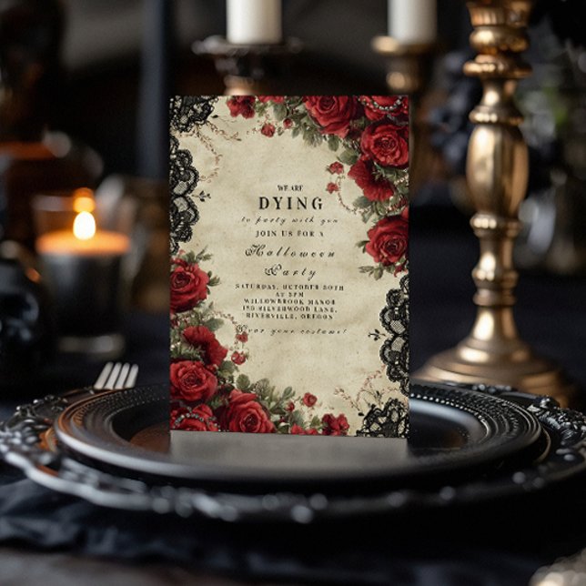 Invitación Fiesta de Halloween de encaje de rosa roja gótica (Subido por el creador)